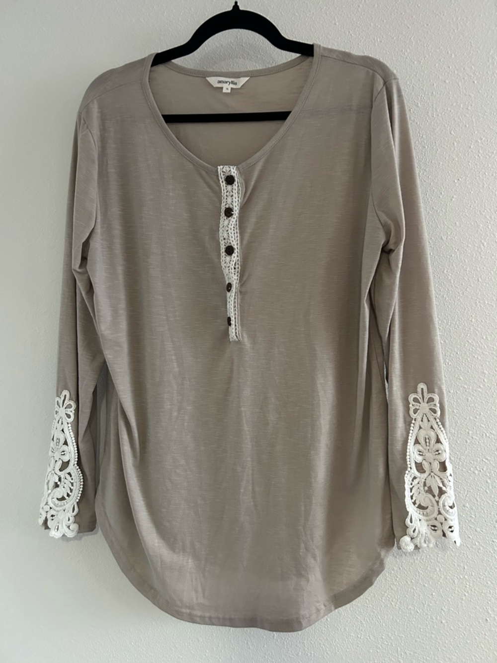 Amaryllis Taupe Long-Sleeve Henley with White Crochet Cuffs